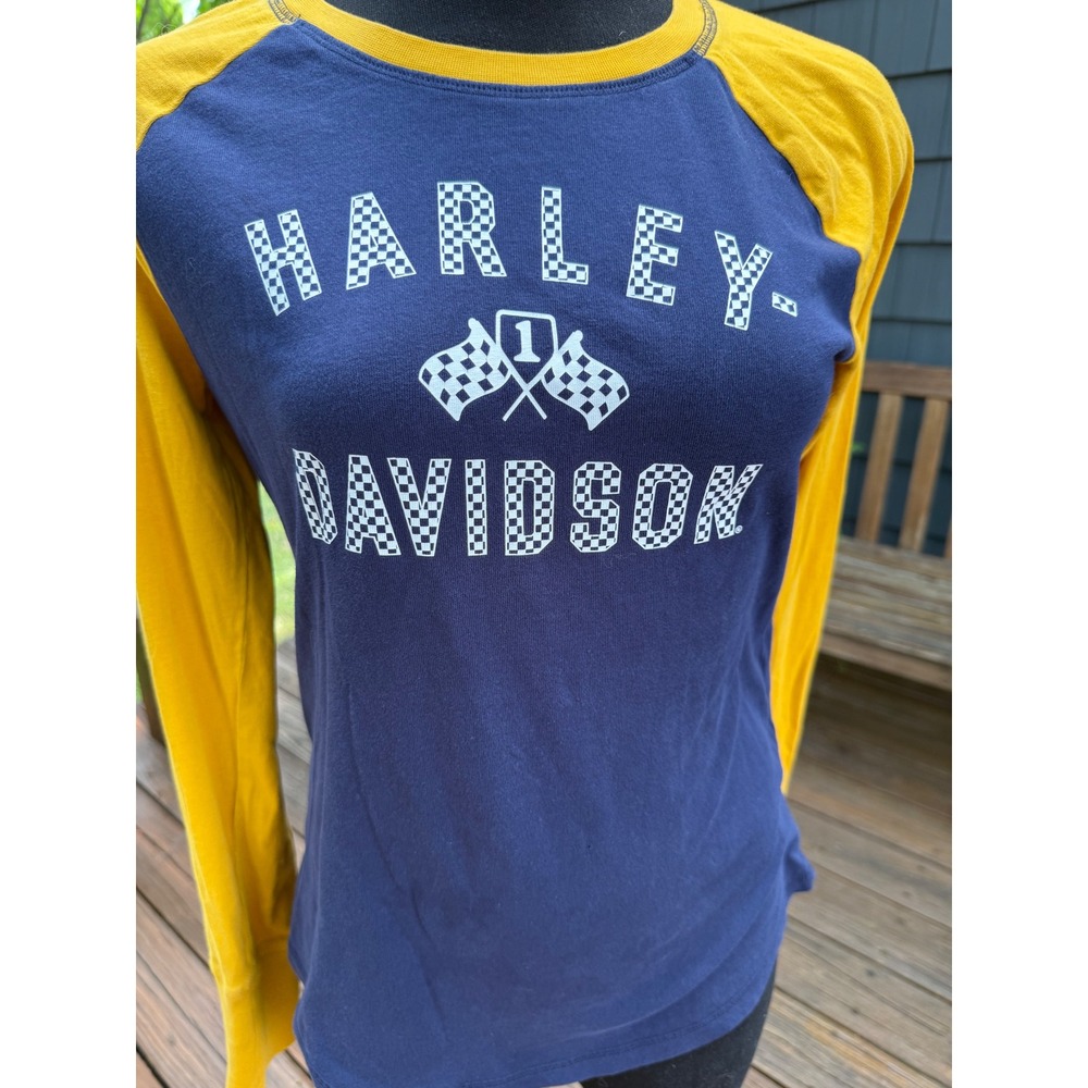 Rare Harley-Davidson Womens Blue Yellow Raglan Long Sleeve Racing Graphic Tee SM
